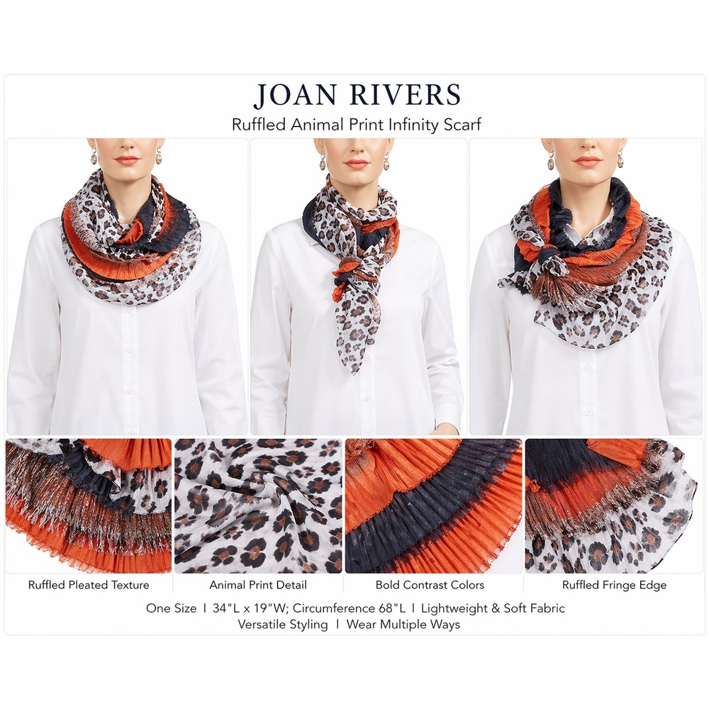 Joan Rivers Ruffled Animal Print Infinity Scarf Orange Navy Leopard A225961‎